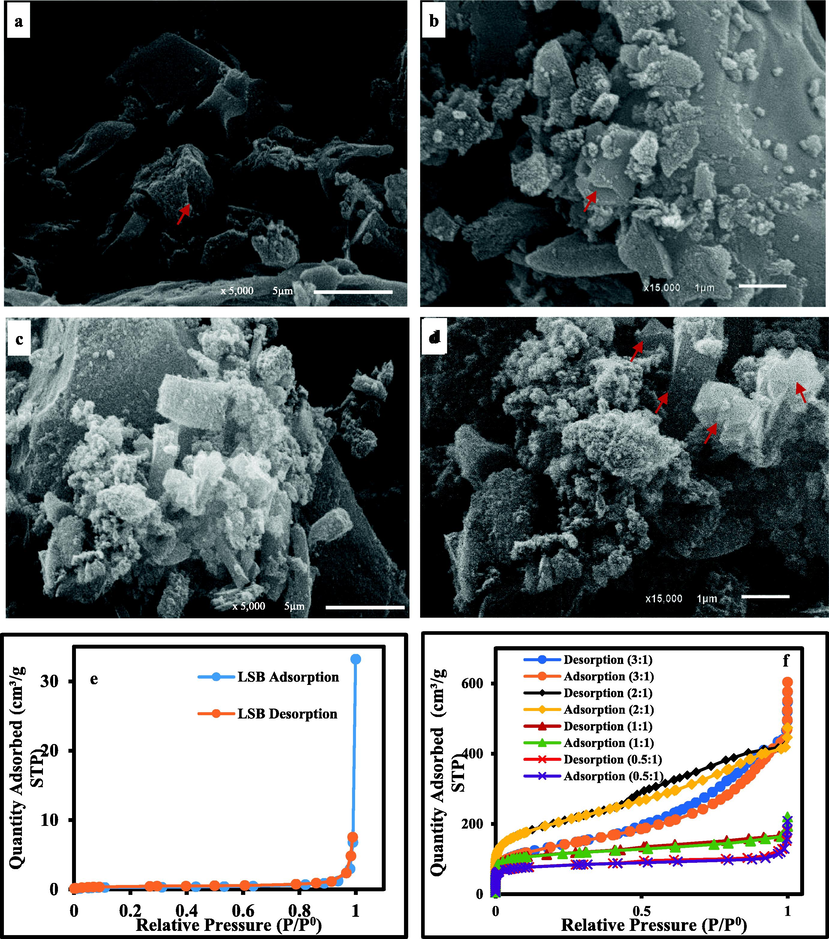 SEM images with different magnifications showing: (a,b) Spherical-like nanoparticles of AC (2:1) as a reflection of high amorphicity as well as grooves and cavities produced by the activating agent during the activation process of AC(2:1); (c-d) High graphitization degree with ideal prismatic crystals in AC(3:1) as a reflection of high crystallinity side by side with spherical-like nano-particles indicating the remaining traces of the amorphous nature; (e) Nitrogen adsorption–desorption isotherms of LSB; (f) Nitrogen adsorption–desorption isotherms of the prepared ACs.