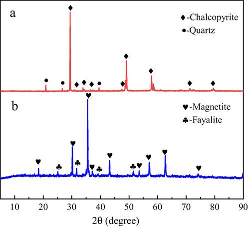 XRD patterns of chalcopyrite (a) and magnetite (b) samples.