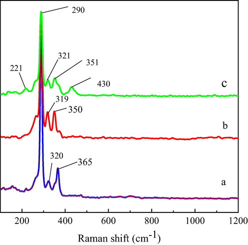 Raman patterns of residues after leaching for 27 days. (a) M/C = 0, (b) M/C = 0.5, (c) M/C = 2.