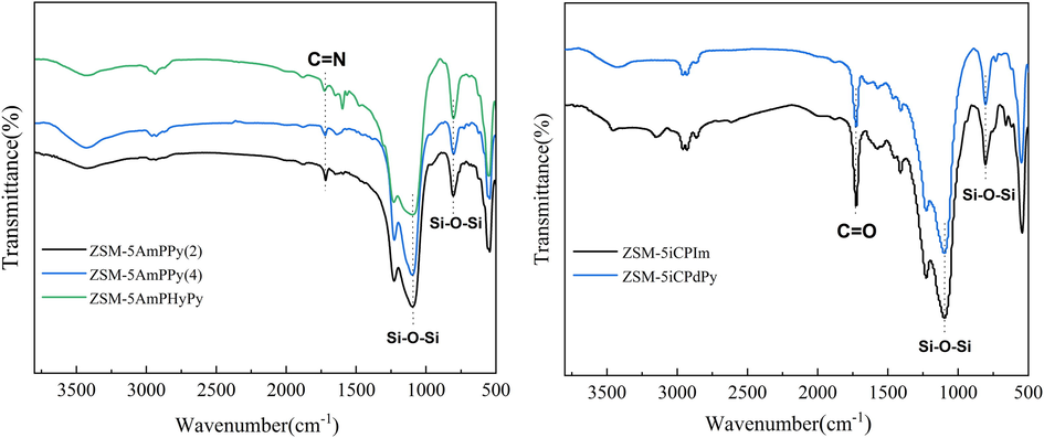 Fourier transform infrared spectroscopy spectra of functionalized molecular sieves.