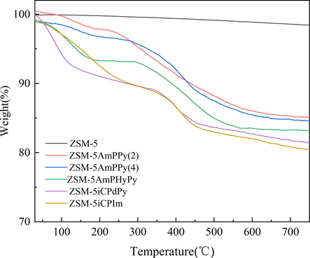 TG analysis curves of functionalized molecular sieves.