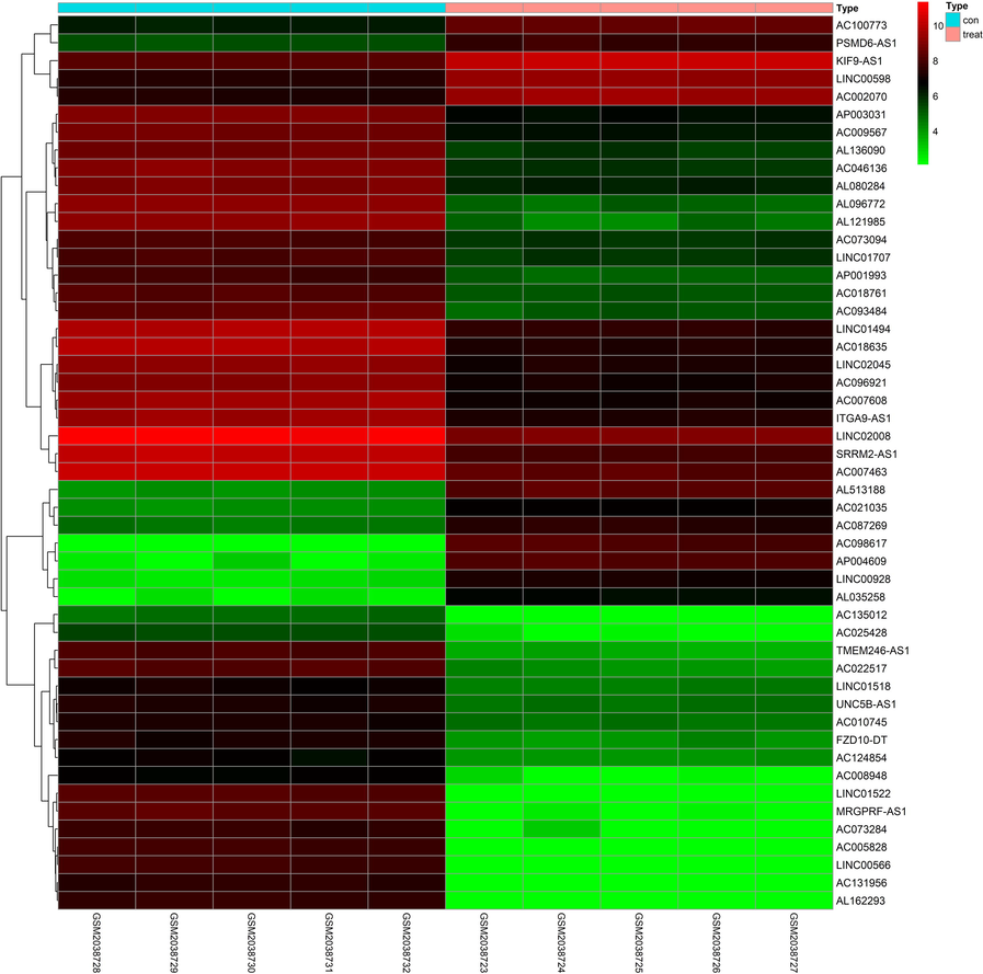 LncRNA expression profile heatmap (Top 50). It was the visualize heat maps for the differentially expressed lncRNA parts. (Con: plasma of controls; treat: plasma of hypotharyngeal cancerpatients; abscissa: sample ID; ordinate: gene symbol).