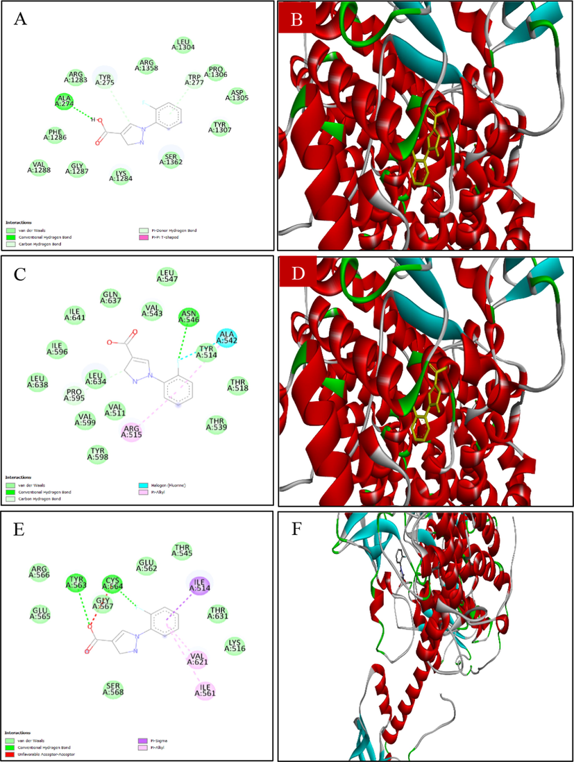 Docking analysis of (A, B) 2D and 3D view of 1-(2-fluorophenyl)-1H-pyrazole-4-carboxylic acid: Best binding affinity with CFTR; (C, D) 2D and 3D view of 1-(2-fluorophenyl)-1H-pyrazole-4-carboxylic acid: Best binding affinity with Calcium-activated chloride channel (E, F) 2D and 3D view of 1-(2-fluorophenyl)-1H-pyrazole-4-carboxylic acid: Best binding affinity with GC-C receptor; (G, F) 2D and 3D view of 1-(2-fluorophenyl)-1H-pyrazole-4-carboxylic acid: Best binding affinity with A2B receptor and (I, J) 2D and 3D view of Loperamide: Best binding affinity with GC-C receptor.