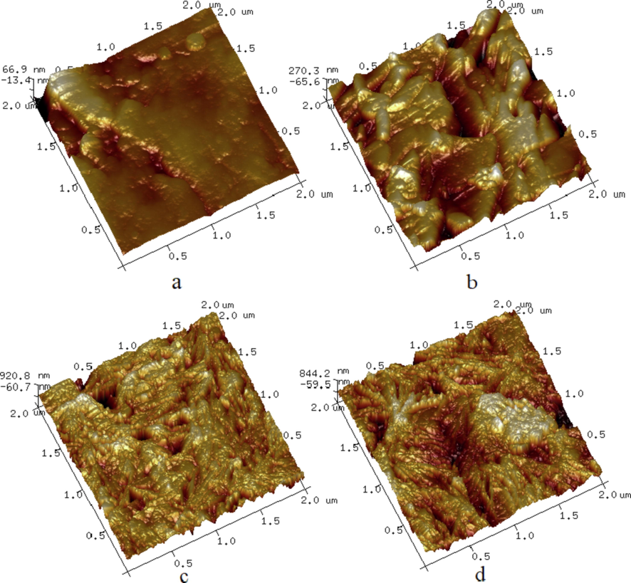 Topographical AFM images of HMX-DMF (a), HMX particle (b), HMX@DHBA-Pb (c) and HMX@NTO-Pb (d).