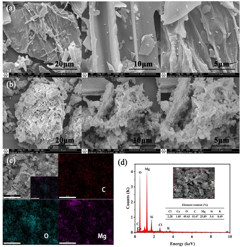 (a) SEM images of BA. (b) SEM images of 400CMBA. (c) The selected area of 400CMBA for EDS analysis. (d) Elements content of the selected area in EDS analysis.