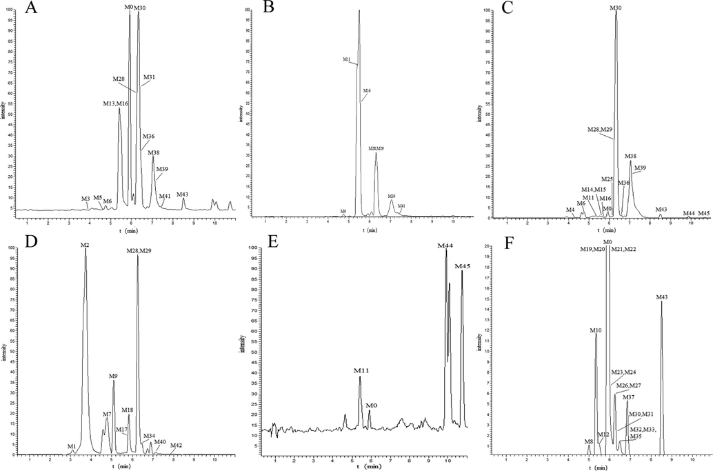 The EIC profiles of the metabolites in the different samples (A: PS, plasma SPE extraction; B: PM, plasma methanol precipitation; C: PA, plasma acetonitrile precipitation; D: U, urine SPE extraction; E: LS, liver SPE extraction; F: LM, Prototype drug liver microsomal treatment).