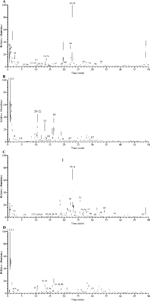 UHPLC-Q-Orbitrap-MS chromatograms of R. beesianus rhizome WE and EE. (A) WE in positive ion mode; (B) WE in negative ion mode; (C) EE in positive ion mode; (D) EE in negative ion mode.