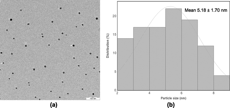 TEM analysis of (a) ZnOnano-synth from ZnOnano-synth-[chi-SiG] (scale bar 100 nm), and (b) particle size distribution.