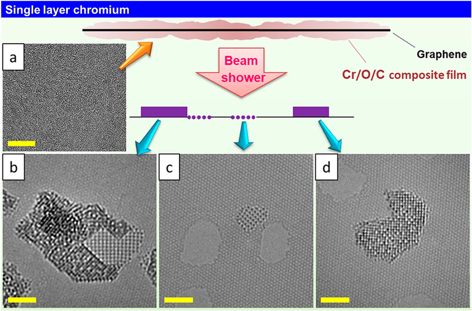 Schematics for synthesis of Cr membrane via electron beam irradiation. (a) TEM micrograph showing amorphous Cr, O, and C composite film on graphene prior to irradiation. (b) Partial chromium oxide NP with a 2D Cr single-atom-thick membrane. (c) Crystalline single-atom thick Cr membrane with square lattice in a graphene pore. (d) Chromium oxide NP over graphene. Scale bars are 10 nm in (a) and 2 nm in (b − d). Reprinted with permission from Ref. (Ta et al., 2020) Nano Lett. 2020, 20, 6, 4354–4361. Copyright [2020] American Chemical Society.