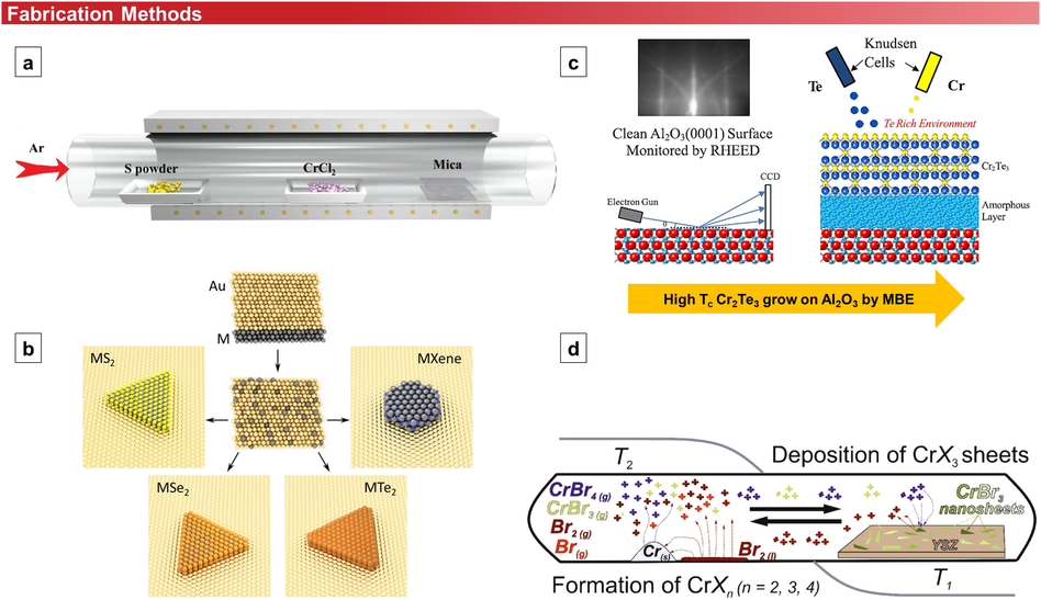 Different methods for fabricating the 2D Cr-based materials. (a) Schematic for CVD synthesis of ultrathin Cr2S3 flakes on two stacked mica sheets with CrCl2 and S as the co-evaporation sources. Reproduced with permission from Ref. (Zhou et al., 2019;29(3):1805880.). Copyright 2018, John Wiley and Sons. (b) A general approach for synthesizing thin layers of 2D binary compounds. Reproduced with permission from Ref. (Shivayogimath et al., 2019) Creative Commons CC BY, Springer Nature (c) Schematics of high-Tc Cr2Te3 thin films grown on Al2O3 via molecular beam epitaxy. Reprinted (adapted) with permission from Ref. (Li et al., 2019) [ACS Appl. Nano Mater. 2019, 2, 11, 6809–6817], copyright [2019] American Chemical Society. (d) Scheme for the one-step synthesis and vapor transport of CrX3 (X = Br, I) micro- and nanosheets. Reproduced with permission from Ref. (Grönke et al., 2019). Creative Common License, John Wiley and Sons.