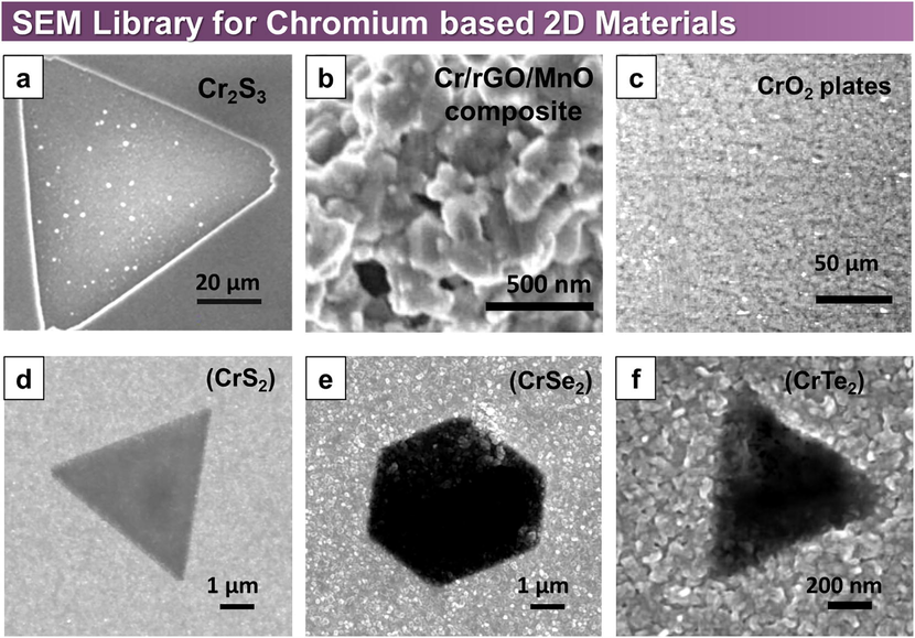 Library of scanning electron microscopy (SEM) images of 2D Cr-based compounds. (a) SEM image of Cr2S3 nanosheet. ‘’Reprinted (adapted) with permission from Ref. (Chu et al., 2019) [Nano Lett. 2019, 19, 3, 2154–2161]. Copyright [2019] American Chemical Society.“ (b) SEM image of Cr/rGO nanocomposite with MnO. Reproduced with permission from Ref. (Sun et al., 2020) (c) SEM images of a CrO2 film. Reproduced with permission from Ref. (Stanoi et al., 2005). “Reprinted from Publication Chromium oxides thin films prepared and coated in situ with gold by pulsed laser deposition, 118, D. Stanoi, G. Socol, C. Grigorescu, F. Guinneton, O. Monnereau,L. Tortet, T. Zhang, I.N. Mihailescu Copyright (2005), with permission from Elsevier (d-f) SEM images of different Cr chalcogenides. Reproduced with permission from Ref. (Shivayogimath et al., 2019). Creative Commons CC BY, Springer Nature.