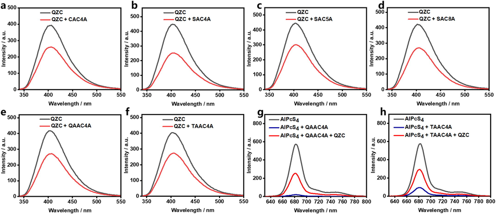 (a−f) Fluorescence quenching of QZC extracts by the host−guest complexation of CAC4A, SAC4A, SAC5A, SAC8A, QAAC4A and TAAC4A (λex = 325 nm). [QZC] = 20.0 μg/mL, [CAC4A] = 0.8 μM, [SAC4A] = 1.0 μM, [SAC5A] = [SAC8A] = 2.0 μM, [QAAC4A] = [TAAC4A] = 4.0 μM. (g−h) Fluorescence quenching of AlPcS4 (λex = 610 nm) by the host−guest complexation of QAAC4A and TAAC4A, and reactivation by QZC extracts displacement. [QAAC4A] = [AlPcS4] = 1.0 μM and [QZC] = 80.0 μg/mL, [TAAC4A] = [AlPcS4] = 1.0 μM and [QZC] = 40.0 μg/mL.