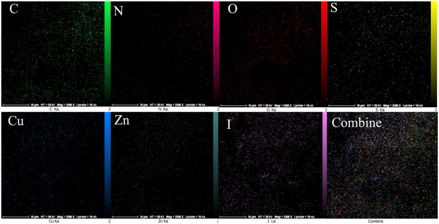 Elemental mapping of the C, N, O, S, Cu, Zn, and I atoms achieved from SEM micrographs.