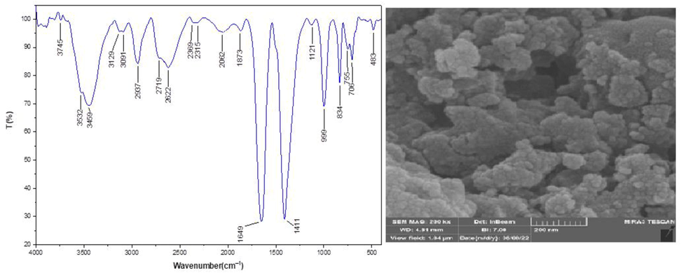 The FT-IR spectrum and FESEM image of the reused catalyst after six recycles.