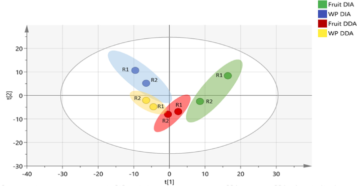 PCA scores scatter plot of 8 groups in which each colour represents a sample’s type and each dot represents a sample having confidence limit of Hotelling’s T2 test is 95%.