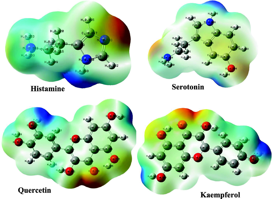 The electrostatic potential maps and Mulliken atomic charges of the four basic components of NE.