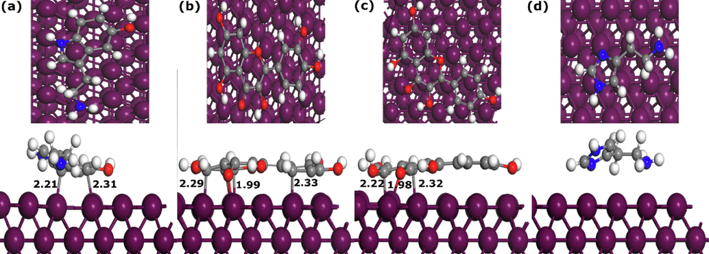 The DFTB optimized parallel adsorption geometries of NE components adsorbed on Fe(1 1 0) surface. (a)-(d) are SERO, QUER, KAEM, and HIST, respectively. Bond distances are in Å.