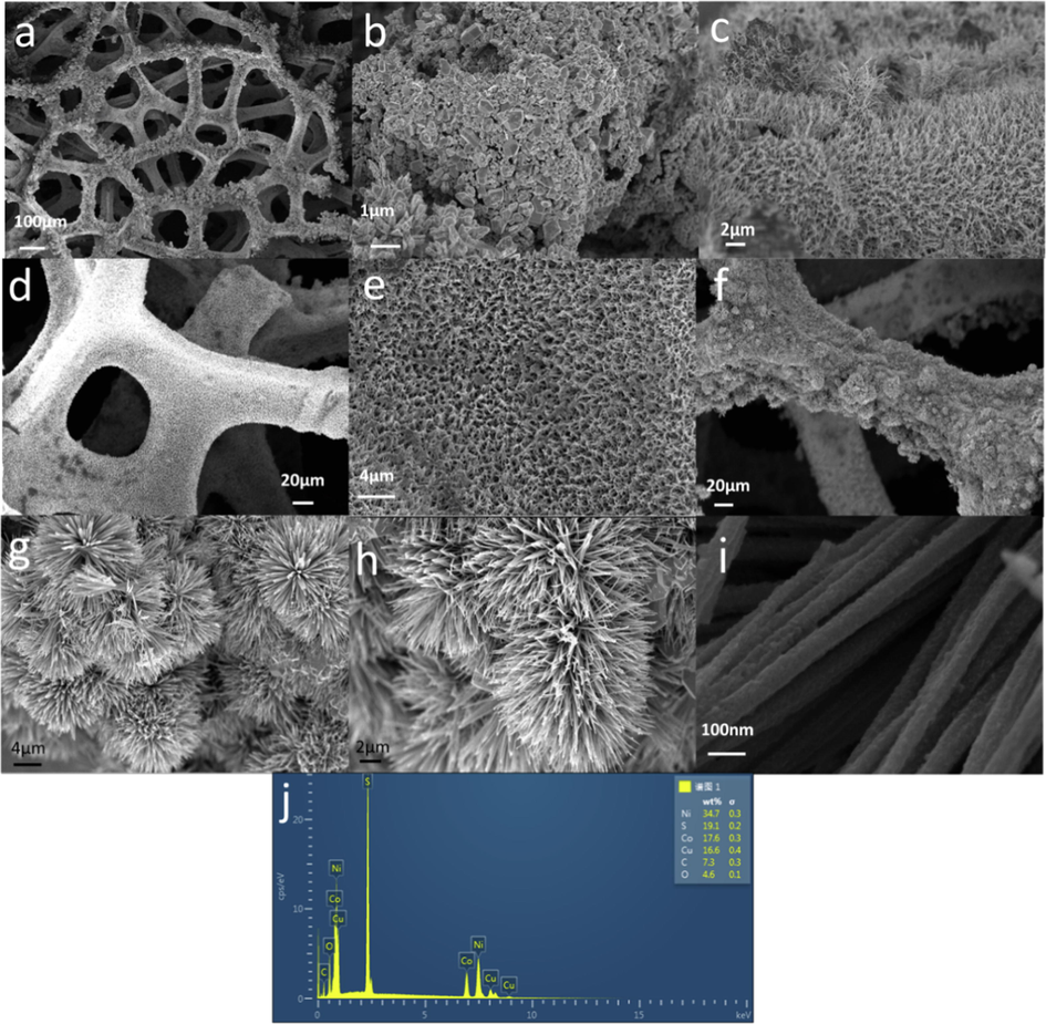 SEM images of (a–b) Cu2S/NF, (c) Co3S4/NF, (d–e) CuCo2S4/NF and (f–i) PA@CuCo2S4/NF. (j) SEM-EDX spectrum of PA@CuCo2S4/NF nanowire arrays.