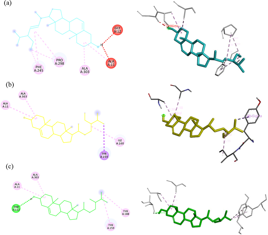 2D and 3D interaction of 2CDU binding stigmasterol (a), beta-sitosterol (b), campesterol (c), glutinol (d), lupeol (e), NDGA (f), DEX (g) 2D and 3D interaction of 2CDU binding stigmasterol (a), beta-sitosterol (b), campesterol (c), glutinol (d), lupeol (e), NDGA (f), DEX (g).