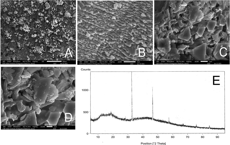 Scanning electron microscopy (SEM) of the complex at (A) 50X (B) 4000X (C) 6000X (D) 10000X. (E) X-ray diffractogram of taxifolin ruthenium-p-cymene complex.