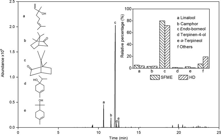 Total ion chromatograms and the major constituents of C. camphora chvar. Borneol essential oil extracted by SFME and HD. Insert: chemical structural formulas of the main compounds and their corresponding relative percentages in C. camphora chvar. Borneol essential oil extracted by SFME and HD.