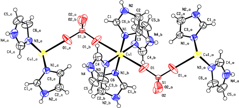 ORTEP (50 % probability level) of the asymmetric unit of the molecular structure of 1 together with the atom numbering scheme. H atoms labels have been omitted for clarity.