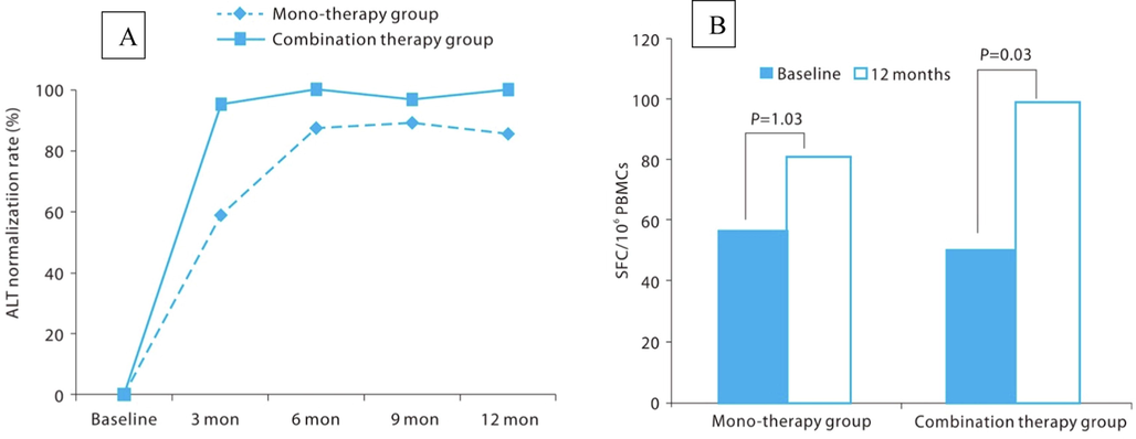 (A) ALT normalization rate during follow up period. Serum ALT normalization rates after 3, 6, 9-month dosing were statistically significantly higher in the combination therapy group than mono-therapy group. ALT, alanine aminotransferase activity, (B) Changes of interferon-gamma during treatment period. Lymphocyte interferon-gamma secretion activity was increase in both combination and mono-therapy group. Combination therapy group showed a significant increase in the 12-month treatment compared to pretreatment. Reproduced with permission from Jun et al (Jun et al., 2013).