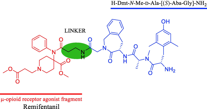 Chemical structure of the bifunctional mu/delta opioid receptor agonist.