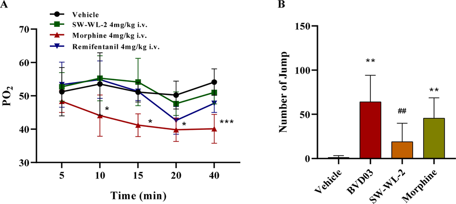 The adverse reactions induced by BVD03 and SW-WL-2 treatment in mice. The results are expressed as the mean ± standard error of the mean (n = 4–8). (A) Respiratory inhibition: Groups of mice (n = 4) were administered (4 mg/kg, ∼EDmax, i.v.) with morphine, BVD03, or SW-WL-2. The pO2 of blood sampled from mouse eyes at various time points was measured. *P < 0.05, **P < 0.01, ***P < 0.001 vs. vehicle (one-way analysis of variance test). (B) Physical dependence: Groups of mice (n = 8) were dosed (4 mg/kg, ∼EDmax, i.v.) once a day (9:00 am) with morphine, BVD03 or SW-WL-2 for 5 days. On day 5, the mice were treated with naloxone (1 mg/kg, i.p.) at 2 h after the administration of morphine, BVD03 or SW-WL-2. The number of jumps was counted over a 20-min period after the injection of naloxone. The symbol * indicates a significant difference from the vehicle, and the symbol # indicates a significant difference from BVD03 (one-way analysis of variance test, *P < 0.05, **P < 0.01, ##P < 0.01).