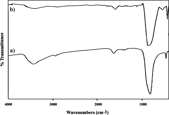 FT-IR spectra of (a) DyVO4 (sample 3), and (b) DyVO4/AgBr nanocomposites (sample 6).