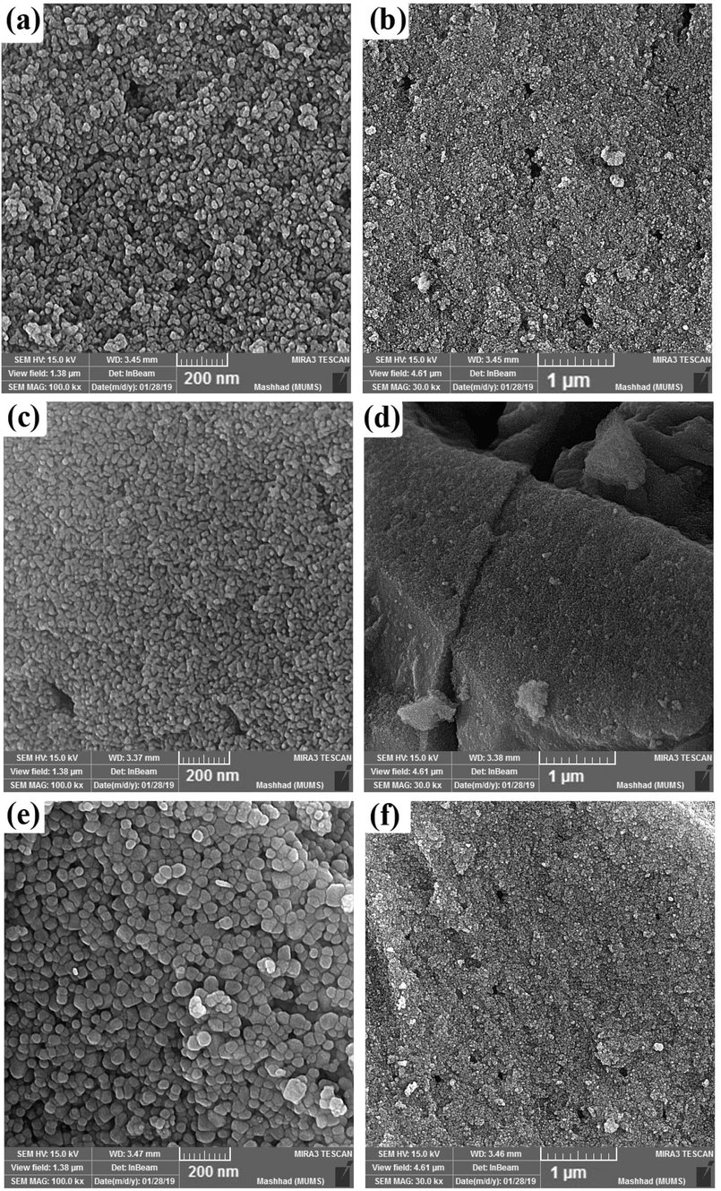 FE-SEM images of DyVO4 in the presence of different molar ratios of Dy to H2Salen: (a, b) 1:0.5, (c, d) 1:1, and (e, f) 1:2 at 25℃.