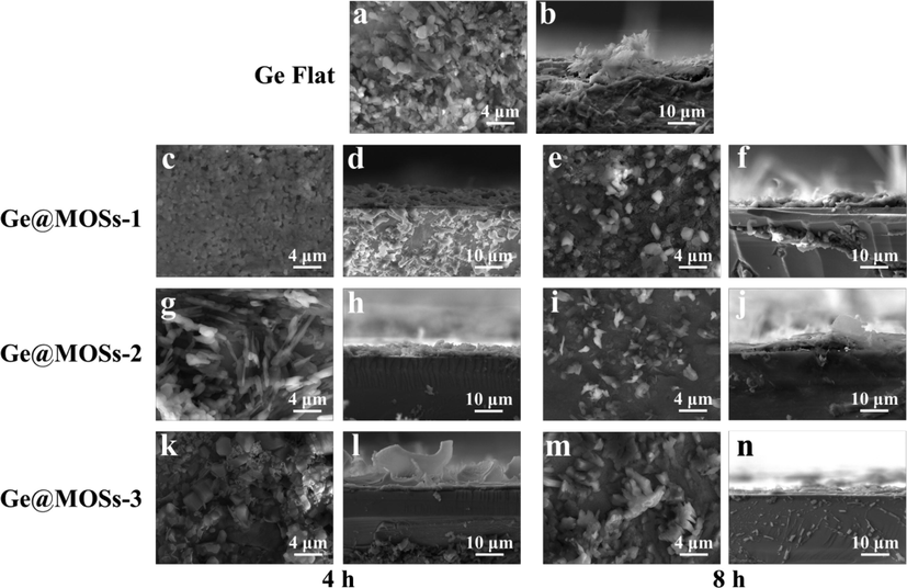 (a)Top-view and (b) cross-section SEM images of Ge flat after 48 h of discharge; Top-view SEM images of (c) Ge@MOSs-1 (4 h), (e) Ge@MOSs-1 (8 h), (g) Ge@MOSs-2 (4 h), (i) Ge@MOSs-2 (8 h), (k) Ge@MOSs-3 (4 h), and (m) Ge@MOSs-3 (8 h) after discharging for 48 h; Cross-section SEM images of (d) Ge@MOSs-1 (4 h), (f) Ge@MOSs-1 (8 h), (h) Ge@MOSs-2 (4 h), (j) Ge@MOSs-2 (8 h), (l) Ge@MOSs-3 (4 h), and (n) Ge@MOSs-3 (8 h) after discharging for 48 h.