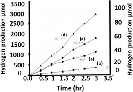 The rate of hydrogen production in time (hr) when H2S mixed with (a) Na2S (b) H2O (c) 0.1 M NaOH (d) 1 M NaOH(Jang et al., 2006).
