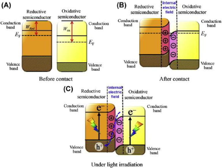 Schematic of Z Scheme (A) Before Contact no change in fermi energy(B) After Contact change in fermi energy (C) Under light Irradiation creates band edge (Low et al., 2020).
