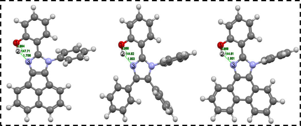 Optimized geometries of (a) π-extended phenanthro[9,10-d], (b) π-fused acenaphtho[1,2-d]imidazole, and (c) π-non fused tetra phenyl substituted imidazole using DFT calculations with the B3LYP/6–31 G(d,p) parameter. Red. O; white. H; Blue. N; gray. C atom.