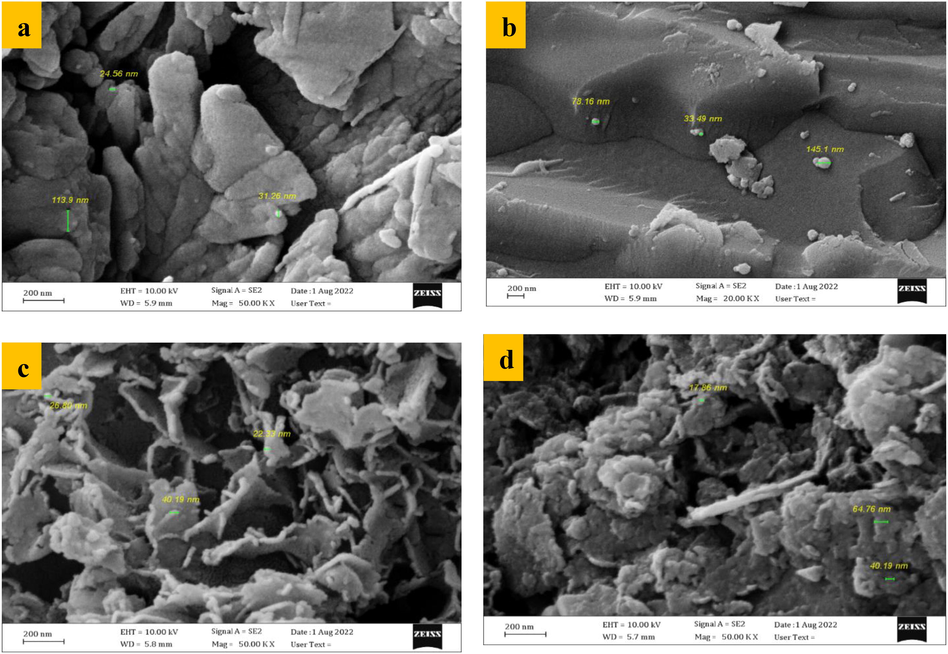 FESEM images for (a) PKD, (b) virgin iron-slag, (c) (Ca/Al - CTAB- LDH) coated with iron-slag, (d) coated iron-slag loaded with Cd+2.