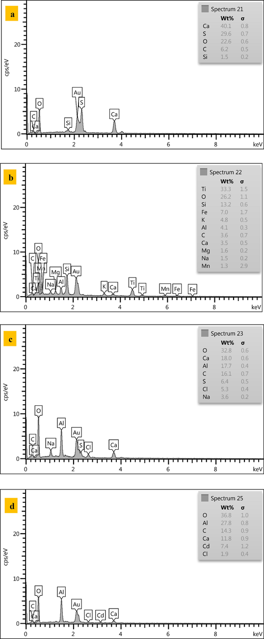 EDX images for (a) PKD, (b) virgin iron-slag, (c) (Ca/Al-CTAB) LDH coated with iron-slag, (d) coated iron-slag loaded with Cd.