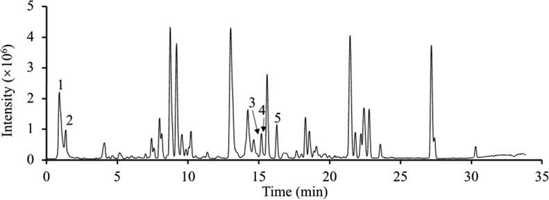 UPLC-Orbitrap-MS total ion current chromatogram of the methanol extract of P. odoratum in the negative ion mode. Representative components were labelled by numbers in the chromatogram. 1: 5,7,3′-Trihydroxy-6,4′,5′-trimethoxyflavone; 2: 9-Methoxycamptothecin; 3: 9-Aminocamptothecin; 4: Diacerein; 5: 5-Hydroxy-1-tetralone.