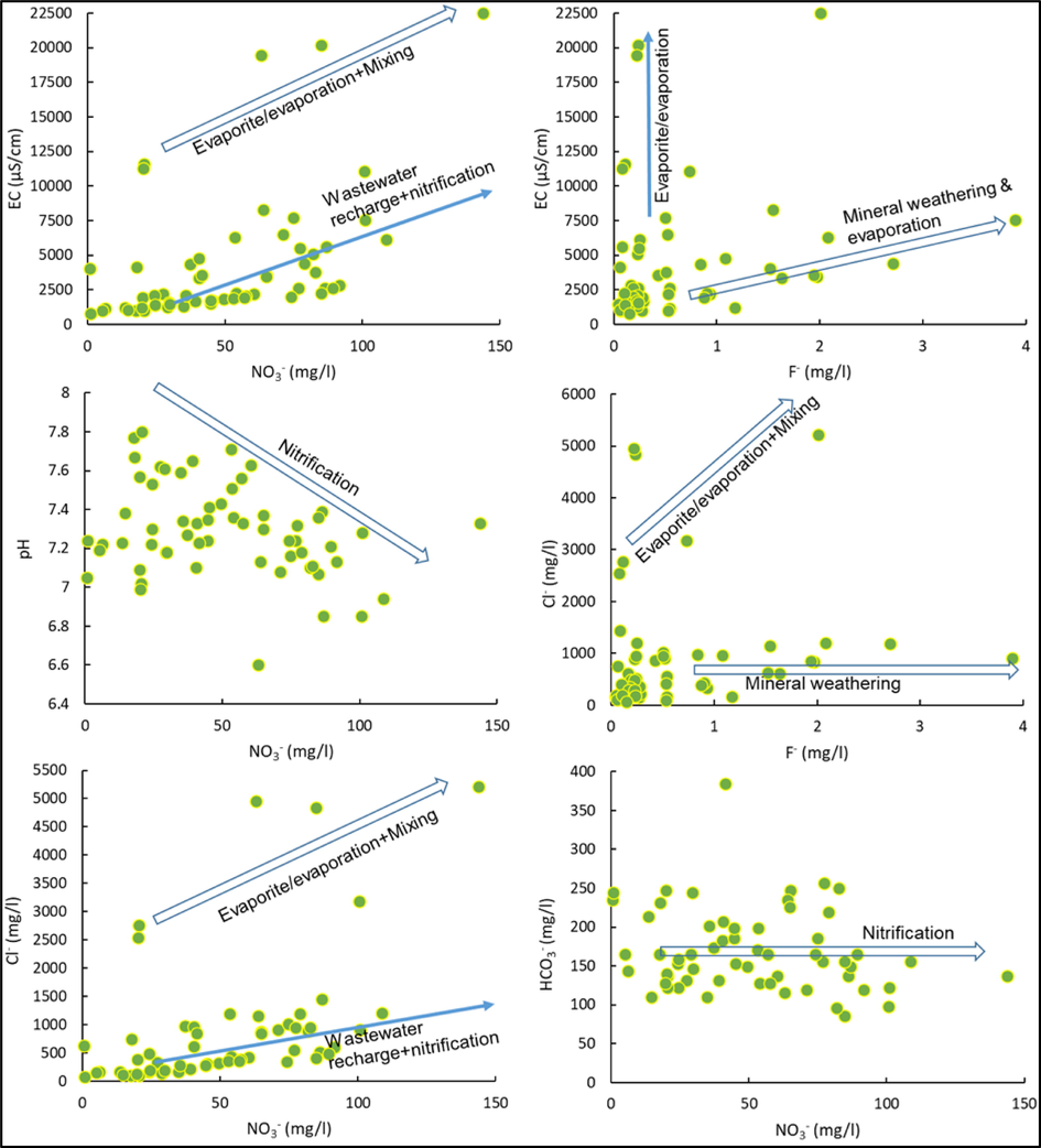 Geochemical processes and source of nitrate, fluoride and other ions in the groundwater.