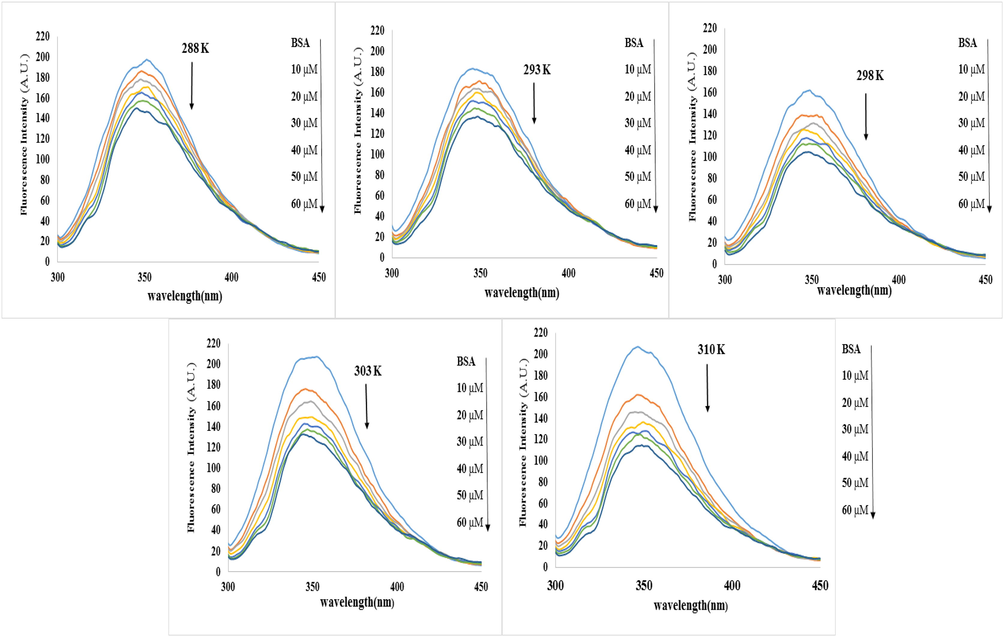 Inherent fluorescence spectrum of BSA (2 mM) in the absence and presence of various NT concentrations (0, 10, 20, 30, 40, 50 and 60 μM) at 288, 293, 298, 303, and 310 K temperature.