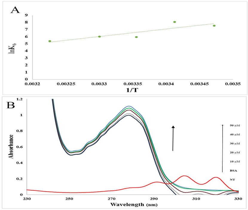 A) The van't Hoff diagrams for the interaction of BSA with NT B) Absorption spectra of BSA (2 mM) before and after the addition of NT (0, 10, 20, 30, 40, and 50 μM). The red line showed the absorption spectra of NT.