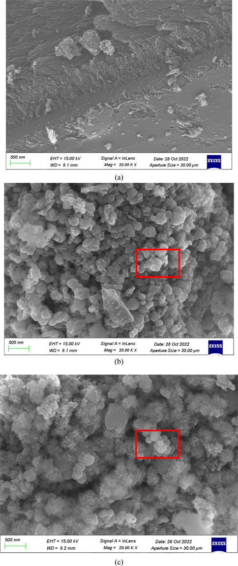 SEM images of (a) AC, (b) La-Fe3O4-doped AC (La-Fe3O4/AC), and (c) post-treatment La-Fe3O4/AC.