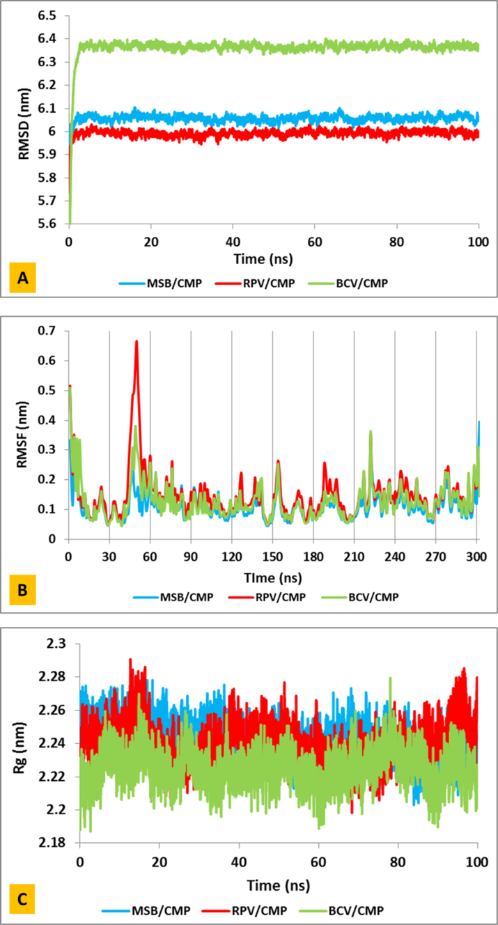 (A) Modifications RMSD, (B) Root-mean-square fluctuation (RMSF) plots and (C) Radius of gyration (Rg) of Covid-19 virus main protease complexed by Masitinib (blue) and Boceprevir (green) and Rupinrivir (red) system during 100 ns simulation.