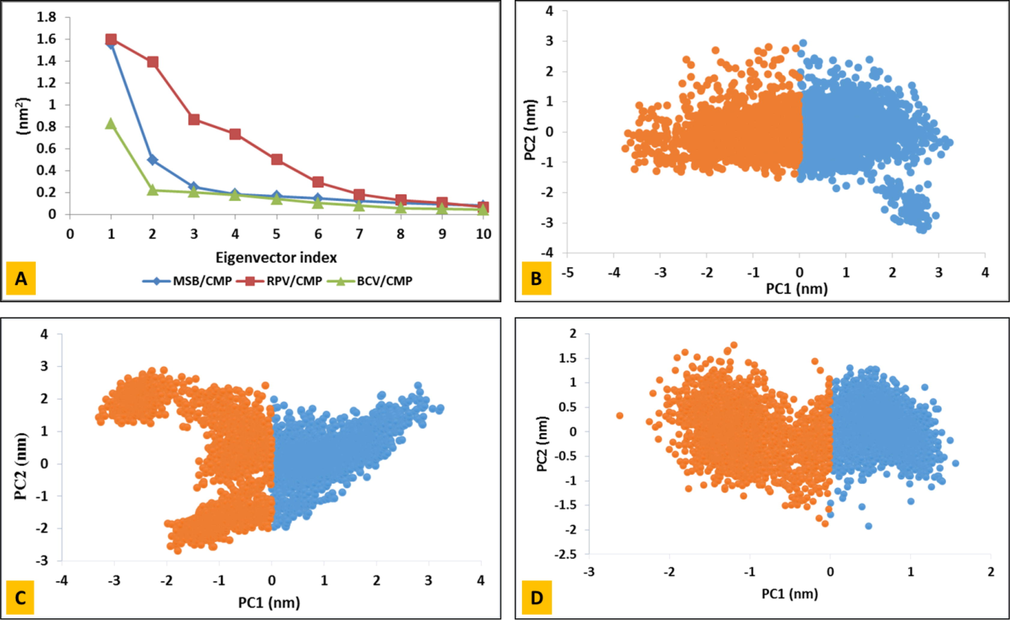 Principal component analysis (PCA) of SARS-CoV-2 main protease in complex with a drug was performed using gmx covar and gmx anaeig utility toolkits of GROMACS. (A) The eigenvalues plotted against the corresponding eigenvector indices obtained from the Cα covariance matrix constructed from the 100 ns MD trajectory. Projection of the motion of the structures of the backbone atoms of (B) MSB/CMP (C) RPV/CMP and (D) BCV/CMP complexes along the first two principal eigenvectors (EV1 and EV2).