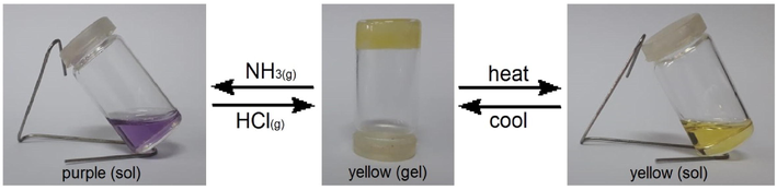 Reversible sol → gel → sol transitions displaying base instabilized and acid stabilized gel formation of compound 3d in n-butanol.