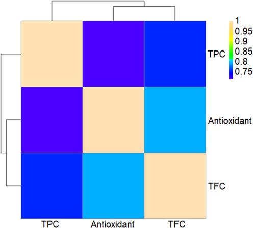 Heatmap correlation between total compound content and antioxidant capacity. TPC (total phenolic content) and TFC (total flavonoid content).