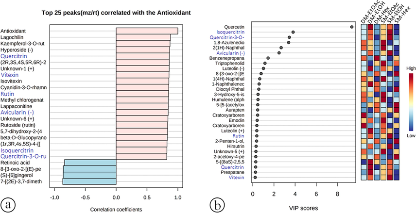 Compounds (top 25) correlated to each compound's antioxidant capacity (a) and VIP scores (b). Metabolite names provided in blue fonts are shared between both analyses.