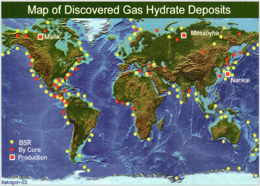 Map of gas hydrate deposits found worldwide (Wang et al., 2011; Temizel et al., 2016). Yellow: areas where gas hydrates have been found to be present. Red: areas where gas hydrates are potentially present but have not been sampled and verified.