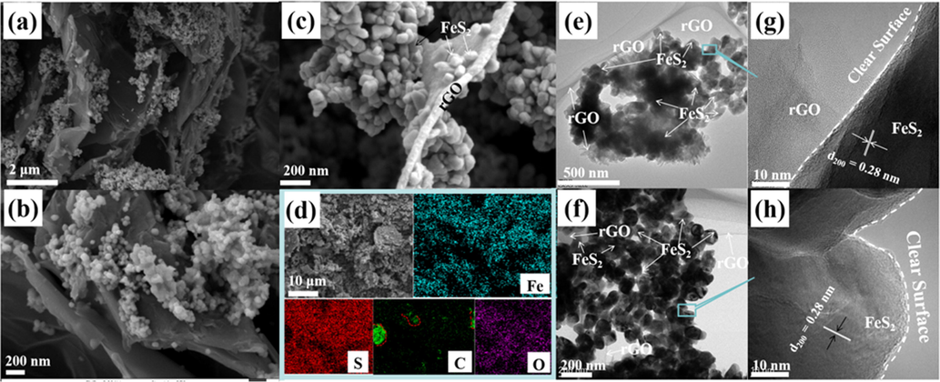 (a-c) SEM images, (d) EDX surface mapping scans, (e, f) TEM and (g, h) HRTEM images of the prepared FeS2-450/rGO-10% sample.