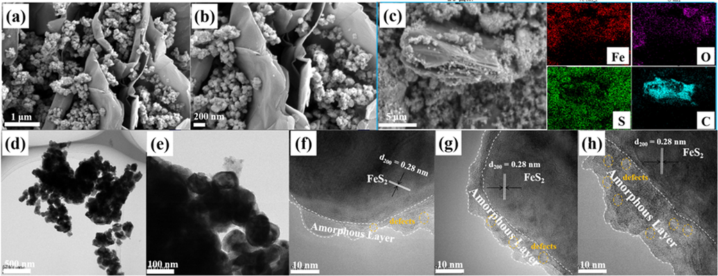 (a, b) SEM images, (c) EDX surface mapping scans, (d, e) TEM and (f-h) HRTEM images of the prepared FeS2-450/rGO-10% after OER.